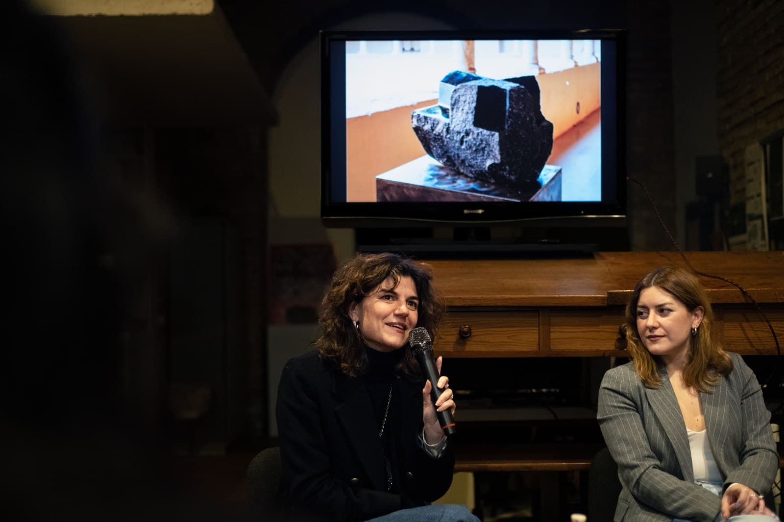 Un intervento al microfono accanto alla curatrice Ilaria Monti durante la presentazione del catalogo di ALCOVE a Roma.
