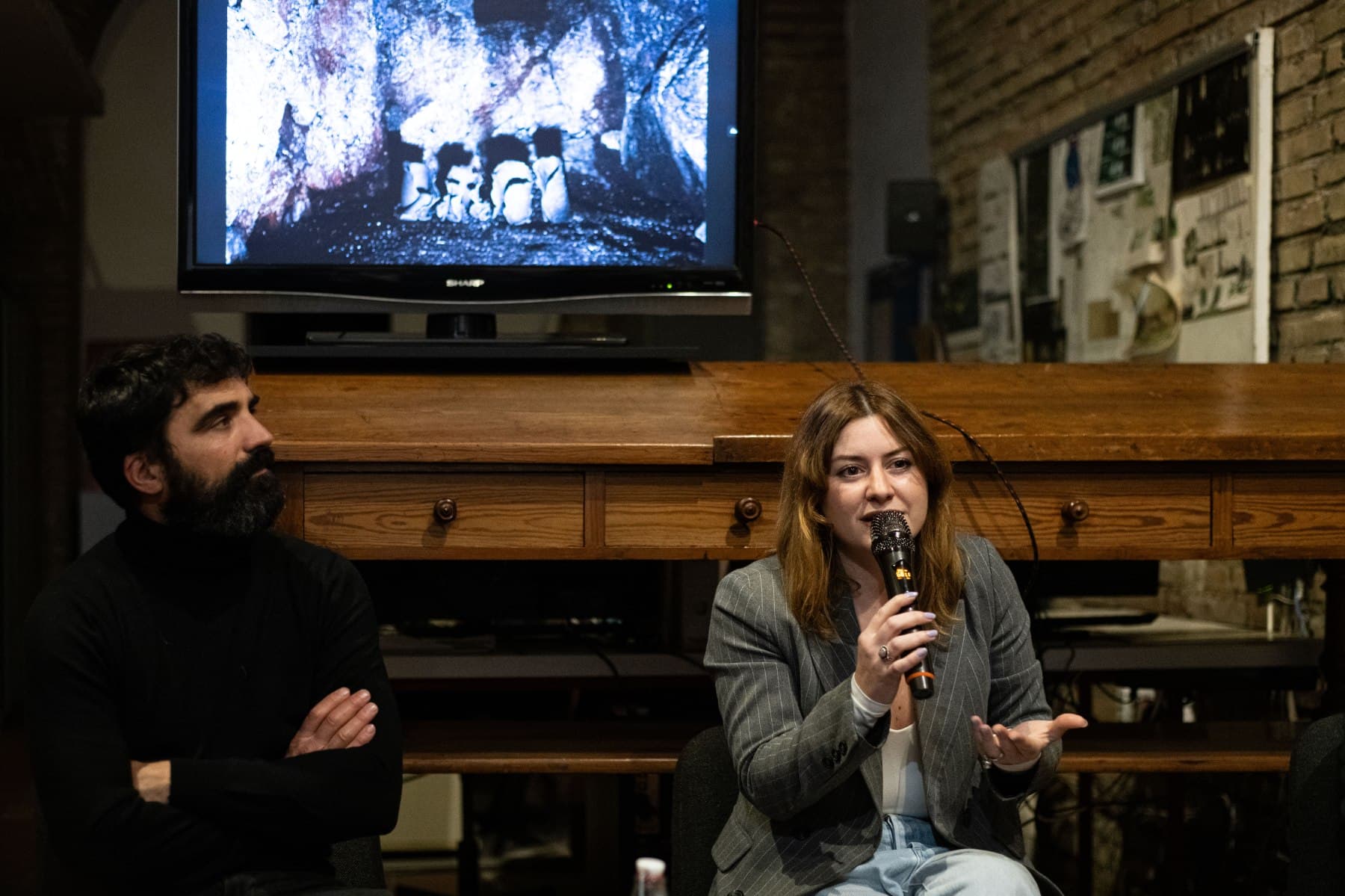 Ilaria Monti interviene durante la presentazione del catalogo di ALCOVE presso l’APS TRAleVOLTE.